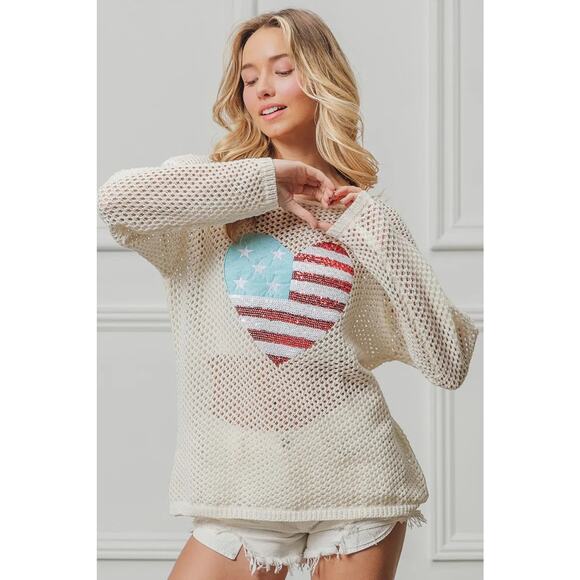 BiBi Sequin Detail American Flag Heart Patch Open Knit Cover Up Top | Off White - Picture 8 of 11